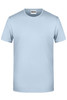 A light blue men's basic T-shirt with a round neckline and short sleeves. It features a logo on the label.