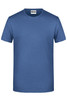 A blue basic men's T-shirt with a round neckline and short sleeves. It features a logo.