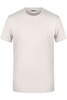 A plain beige men’s T-shirt featuring a round neckline and short sleeves. It has a logo on the label.