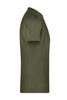 A plain olive green men's T-shirt with short sleeves, featuring a simple design and a logo on the label.
