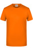 An orange short-sleeve T-shirt with a round neckline and a logo on the label.