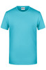 A turquoise basic T-shirt with a round neckline and short sleeves. It has a logo tag on the neckline.