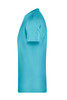 A turquoise men's basic t-shirt with short sleeves, featuring a logo. Side view.