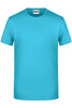 A turquoise men's basic t-shirt with a round neck and short sleeves. The shirt has a logo on the label.