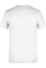 A plain white T-shirt featuring a round neckline and short sleeves, with a logo on the back.