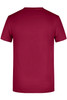 A red t-shirt viewed from the back, featuring a simple design and a small logo.