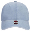 A light blue 6-panel low profile dad cap featuring a logo on the front.