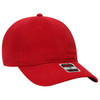 A red 6 panel low profile baseball dad cap featuring a logo on the front.