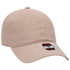 A beige 6-panel baseball cap with a curved brim and a logo on the side.