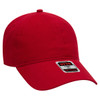 A red 6-panel baseball cap with a curved brim and a logo label on the side.