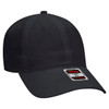 A black 6-panel baseball cap with a structured design and a logo on the front.