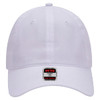 A white 6-panel low profile baseball cap with a logo on the front.