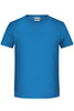 A blue short-sleeve T-shirt with a round neckline and a tag inside. It features a logo on the tag.