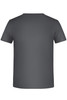 A grey basic T-shirt featuring a simple design and a logo on the back.