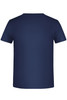 A navy blue T-shirt featuring a round neck and short sleeves. The back of the shirt is plain with a logo.