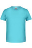 A turquoise T-shirt with a crew neck and short sleeves. It features a logo on the label.