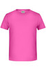 A bright pink T-shirt with short sleeves and a standard crew neckline, featuring a logo.