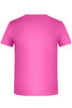 A pink T-shirt with a plain back and short sleeves, featuring a logo at the neckline.