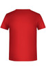 A bright red T-shirt with a classic crew neck and short sleeves, featuring a logo on the back.