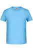 A light blue t-shirt with short sleeves and a round neckline, featuring a logo on the label.