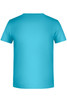 A plain turquoise T-shirt featuring a simple design and a logo on the label area.