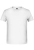 A plain white T-shirt with a round neck and short sleeves, featuring a branding logo.