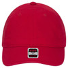 A red six-panel low profile dad cap featuring a logo and a relaxed fit design.