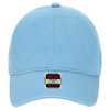 A light blue 6 panel low-profile dad cap with a logo label on the front.