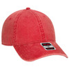 A red 6 panel low profile dad cap with a curved brim and a logo on the front.