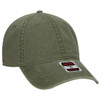 An olive green six-panel low profile dad cap with stitching details and a logo on the front.