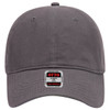 A grey 6 panel low profile baseball cap featuring a logo on the front and a curved brim.