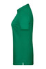 A green ladies basic polo shirt with a simple design and a small logo. Side view highlighting the fit.