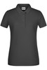 A dark grey ladies' polo shirt featuring a collar and three buttons, with a logo on the chest.