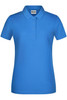 A blue ladies' basic polo shirt featuring a collar and three-button placket. It has a branding logo.