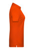 A side view of a ladies' polo shirt in bright orange, featuring a classic collar and short sleeves. It has a logo.