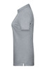 A grey ladies polo shirt with short sleeves and a collared neckline, featuring a logo.