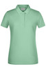A green ladies' basic polo shirt with a collar and button placket, featuring a logo.