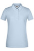 A light blue ladies' polo shirt with a collar and four buttons, featuring a logo on the chest.