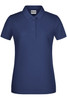 A navy blue ladies basic polo shirt featuring a classic collar and button placket, with a logo on the chest.