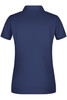 A navy blue ladies basic polo shirt with a classic collar and short sleeves, featuring a logo.