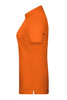An orange ladies polo shirt viewed from the side, featuring a classic collar and short sleeves.