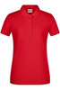 A red ladies' polo shirt featuring a collar and three-button placket, with a logo on the chest.