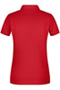 A red ladies' basic polo shirt featuring a collar and short sleeves, with a logo on the back.