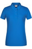 A blue ladies' polo shirt with a classic collar and button placket, featuring a logo.