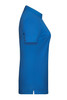 A blue ladies' polo shirt displayed from the side, featuring a collar and short sleeves, with a logo present.
