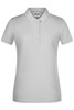 A grey ladies basic polo shirt with a collar and button placket, featuring a logo.