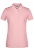 A ladies' basic polo shirt in pink with a collar and button placket, featuring a branding logo.
