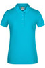 A turquoise ladies basic polo shirt featuring a classic collar and buttons, with a logo present.