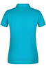 A turquoise ladies' polo shirt featuring a collar and short sleeves, with a logo on the back.