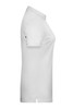 A white ladies polo shirt displayed from the side, featuring short sleeves and a collar, with a logo on the front.